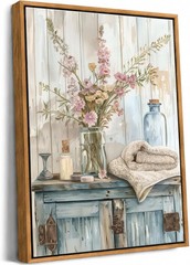 Framed Blue Rustic Farmhouse Bathroom Canvas Wall Art Vintage Blue Wood Cabinet