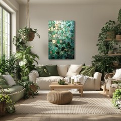 Emerald Green Mosaic Abstract Painting Print on Framed Canvas Wall Art Geometric