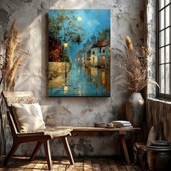 Wall Art Rainy Night Street Scene Village Houses Moonlight Painting Print Decor