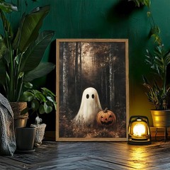 Framed Vintage Halloween Ghost Canvas Wall Art, Cute Ghost Pumpkin Wall Decor…