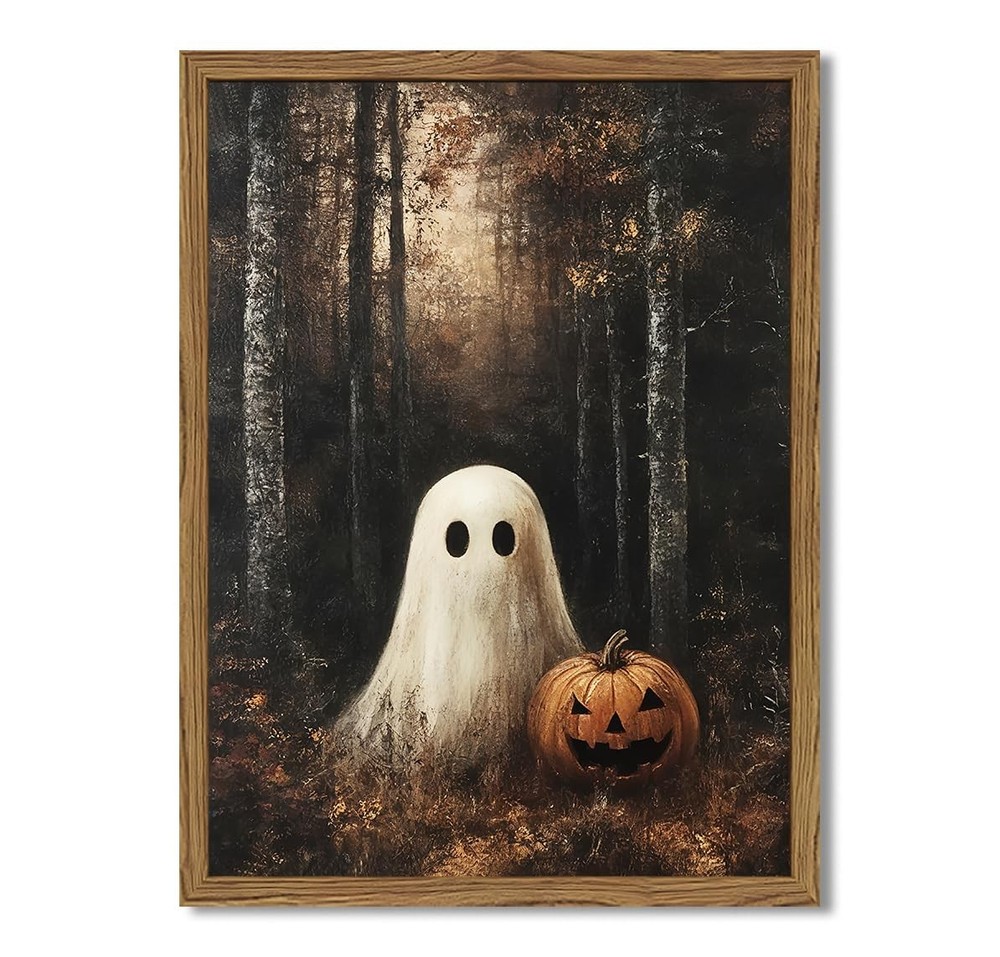 Framed Vintage Halloween Ghost Canvas Wall Art, Cute Ghost Pumpkin Wall Decor…