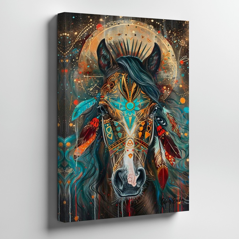 Bohemian Horse Canvas Wall Art Native American Tribal Feathers Animal Print