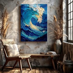 Wall Art Abstract Ocean Wave Canvas Print Blue Sea Impasto Texture Home Decor