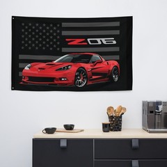 Z06 Wall Banner Flag – Black with Red C6 & American Flag – Garage Decor