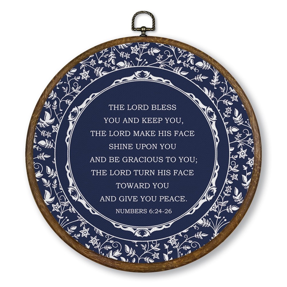 Navy Blue Christian Wall Art Decor, Bible Verse Numbers 6:24-26 Round Wood Fr…