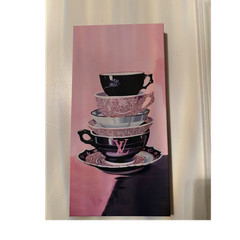 Louis Vuitton Fashion Stacked Teacups Contemporary Art Print Pink Black White