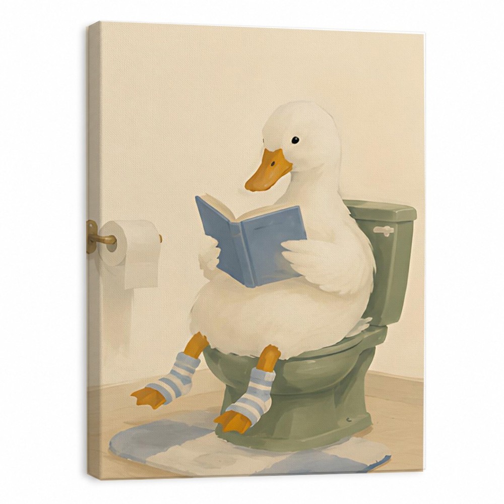 Funny Duck Reading Book on Toilet Canvas Print Whimsical Bathroom Wall Art