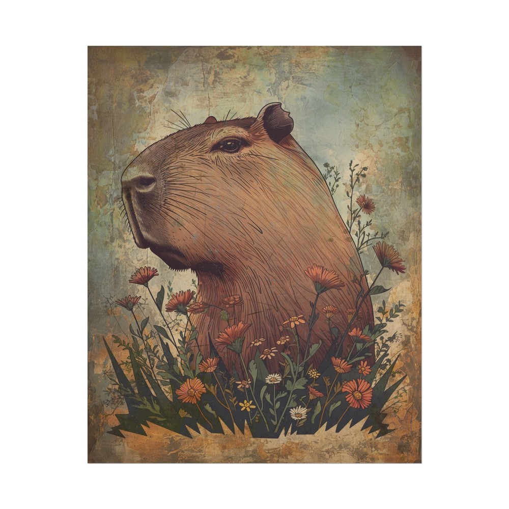 Retro CAPYBARA FLOWER Wall Art, Botanical Floral Wildlife Rodent Nature Poster