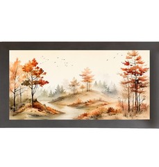 Autumn River Fall Landscape Framed Wall Art Watercolor Wide Farmhouse Scenic Art