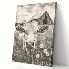 Canvas Art Framed Black White Cow Barn Dandelion Farm Sketch Wall Decor