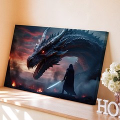 Dramatic Fantasy Scene Featuring A Massive, Intricately Detailed Dragon Wall Art