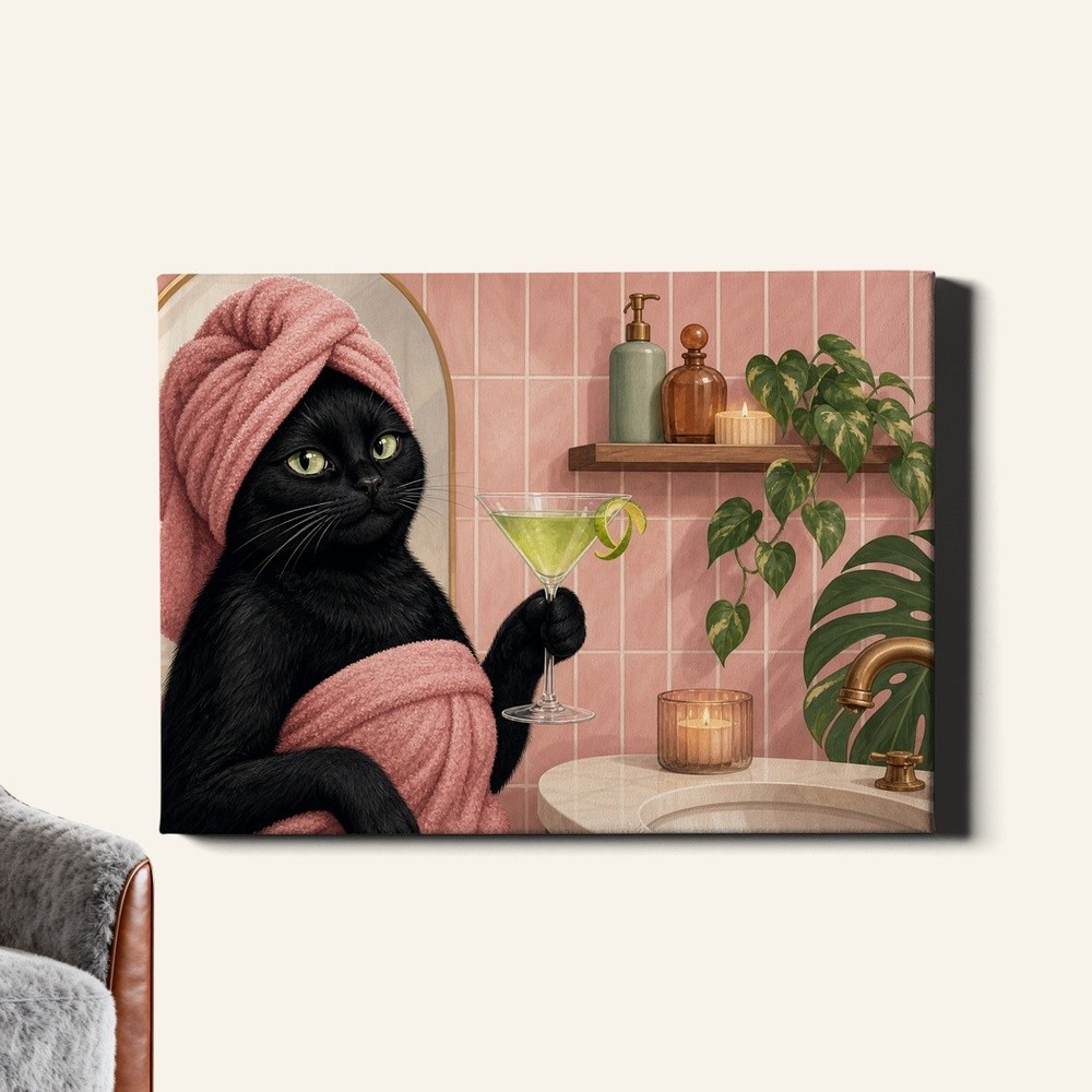 Wall_Art_Canvas_a_Playful_Black_Cat_Wearing_a_Pink_Towel_on_Its_Head_Holding_a_2