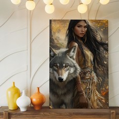 Native American Woman And Wolf Canvas Wall Art Autumn Forest Tribal Decor Print
