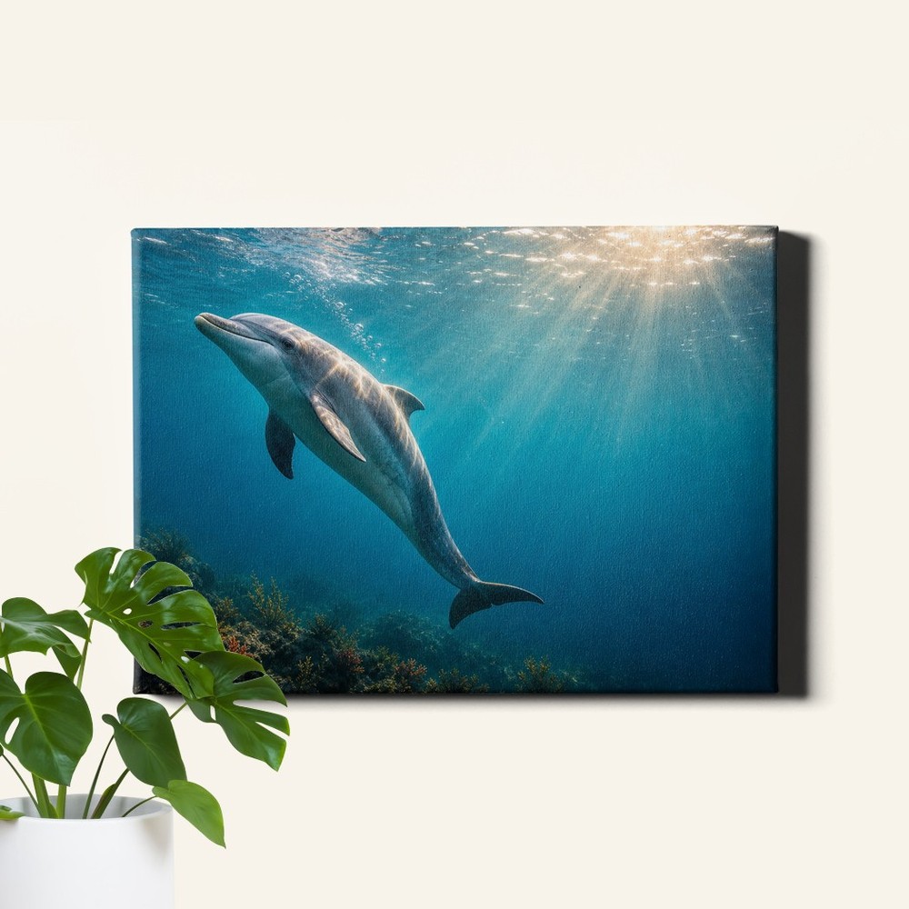 Underwater Dolphin Wall Art Sun Rays Calm Ocean Sea Life