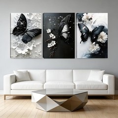 3 PCS 2D Butterfly Canvas Wall Art White Black 12x16in