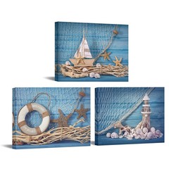 Beach Canvas Wall Art 12x16in 3 Piece Seashell Starfish Blue Board – Coastal