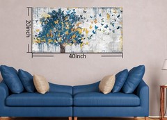 Large Canvas Wall Art Blue Tree Golden Butterflies Picture Abstract Grey Graf…