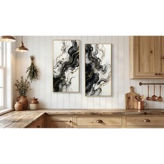 2 Pack Large Black White Gold Abstract Canvas Wall Art Framed Textured Artwork