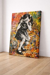 Street Art Girl with Camera Graffiti Canvas –Childhood Urban Pop Art, 24 x 36 in