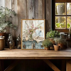 Framed Blue Rustic Farmhouse Bathroom Canvas Wall Art Vintage Blue Wood Cabinet