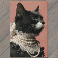 Art Print Black Cat Pearls Lace Collar Pink Backdrop Regal Whimsical Feline Port