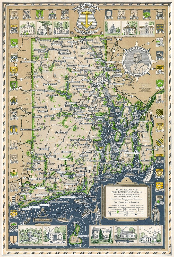 1936 Pictorial Map of Rhode Island and Narragansett Bay Wall Art Poster Home