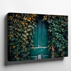 Weathered, Forest-green Wooden Door Stands Prominently Amidst A Lush Wall Art