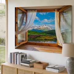 Wall Art Picturesque View From A Large, Open Wooden Window, Framed By Elegant