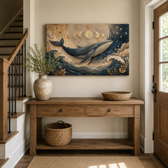 Celestial Whale Canvas Wall Art Moon Phase Ocean Nautical Blue Gold Wall Decor