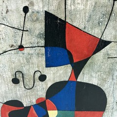 Vintage Joan Miro Figures & Dog Print Wood Mounted Art MCM Wall Decor 24″x16″