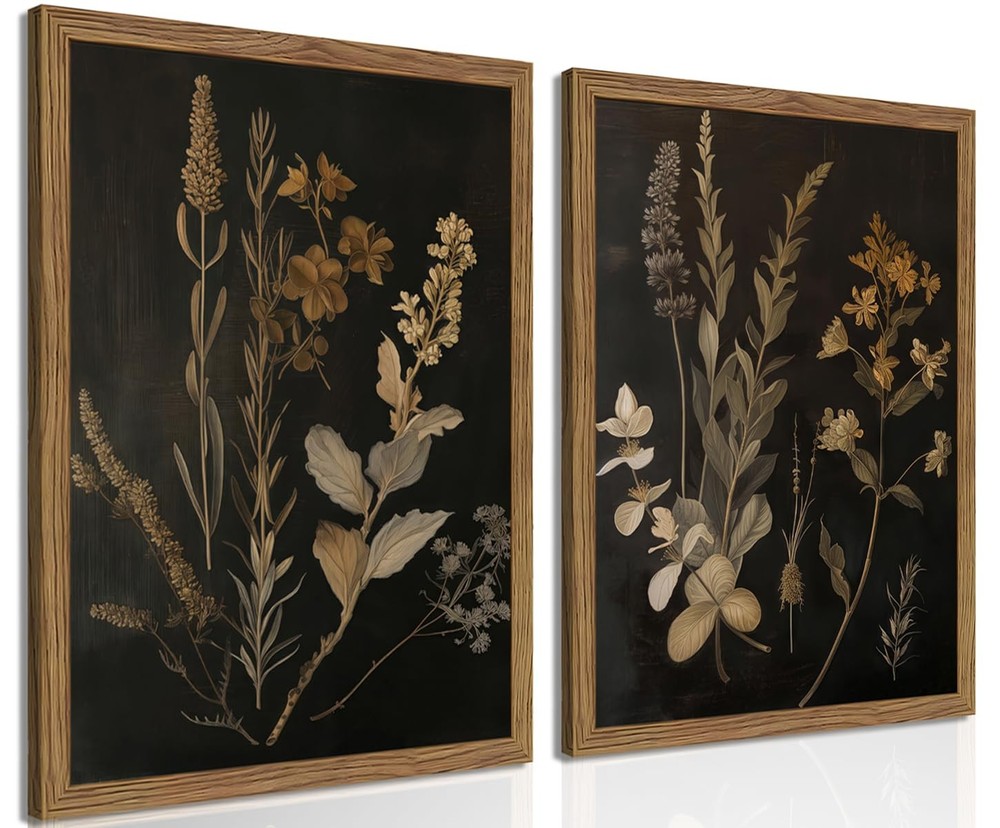 Dark Botanical Canvas Wall Art Vintage Moody Floral Prints with Wood Frame Da…