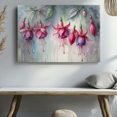 Pink and Purple Fuchsia Flowers Watercolor Canvas Wall Art Floral Print Decor