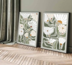 2 Pcs Boho Wildflowers Canvas Wall Art Green Bohemia Abstract Floral Botanica…