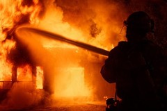 Firefighter Directing Water Onto A Nighttime House Fire Photo Poster 36×24