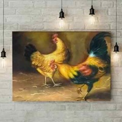 A painting of two roosters fighting in a barn Wall Art Canvas Unframed/Framed