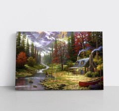 Vintage Rustic Cabin Fly Fishing Autumn Forest Painting Canvas Wall Art Print