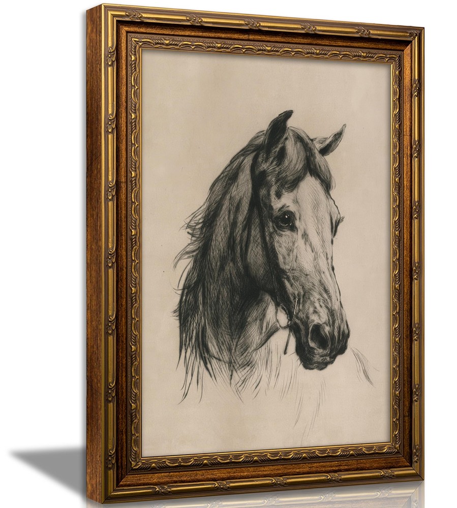 Vintage Gold Framed Horse Sketch Canvas Wall Art Horse Wall Decor Vintage Far…