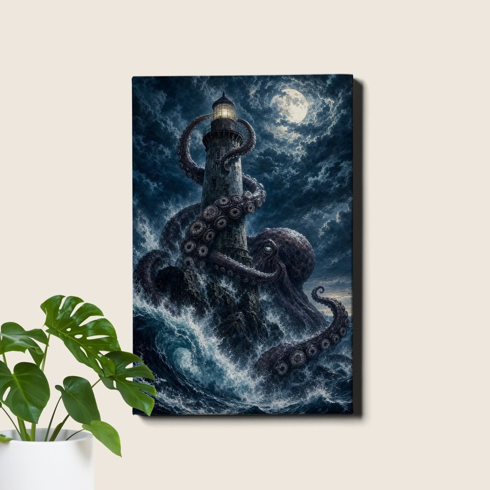 Gothic Lighthouse Poster Print Kraken Stormy Sea Moon Ocean Fantasy