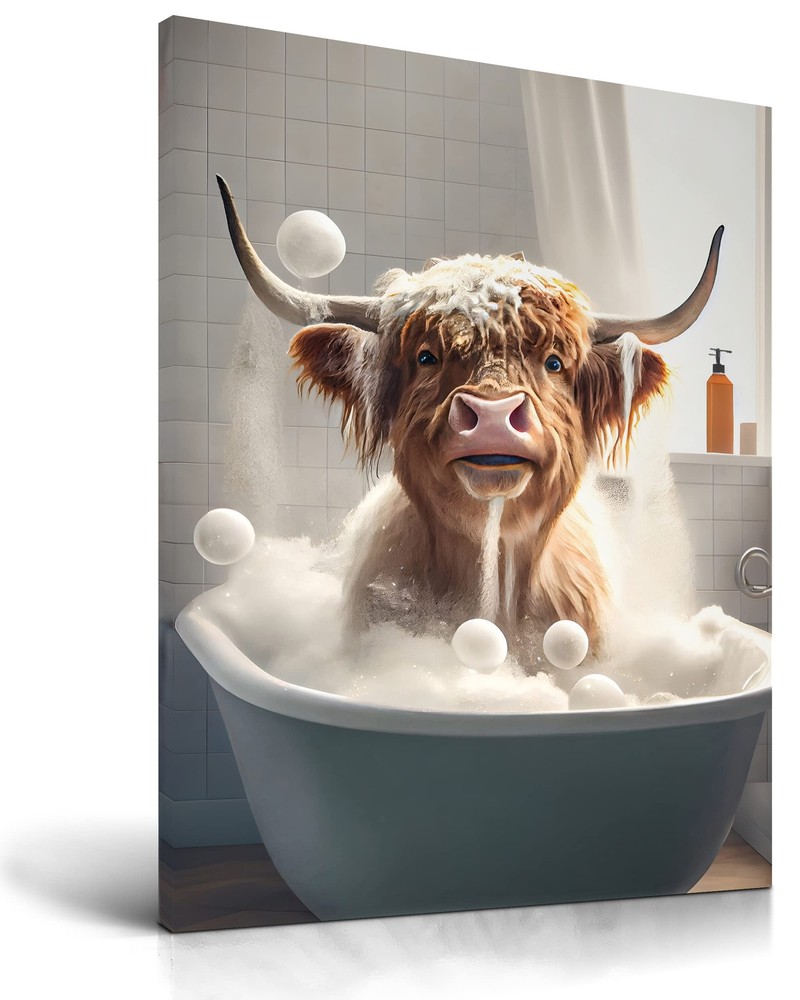 Bathroom Wall Art 12x16in Highland Cow Wall DecorWaterproof Wood Framed Canva…