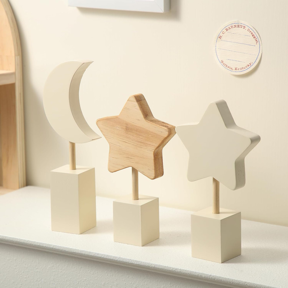 3 Pcs Boho Nursery Shelf Decor Wooden Moon and Star Nursery Decor Set Cute Bohem