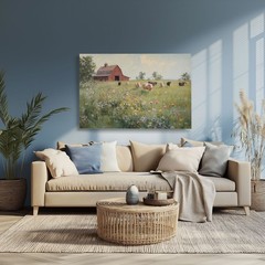 Red Barn Cattle Field Farm Cows Painting Print, Framed Canvas Wall Art Farmhouse