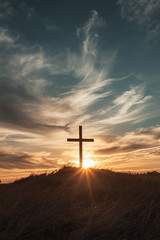 Christian Cross Sunrise Hill Light Rays 4×6 Photo Print Religious Wall Art Decor