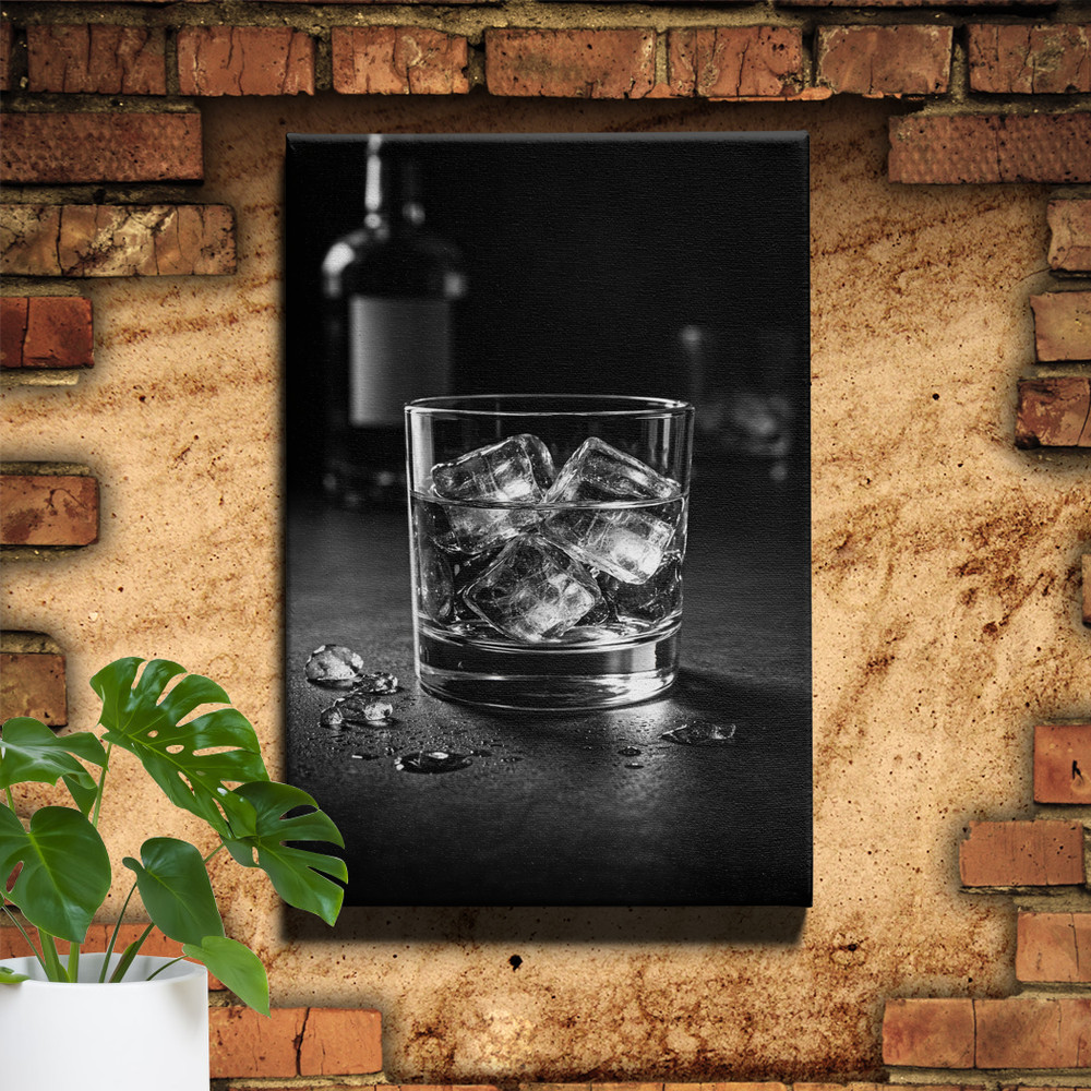 Black White Whiskey Glass Ice Still Life Framed Wall Art 12x18inch