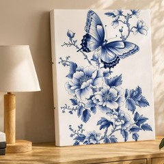 Blue And White Floral Butterfly Canvas Wall Art Elegant Decorative Home Decor
