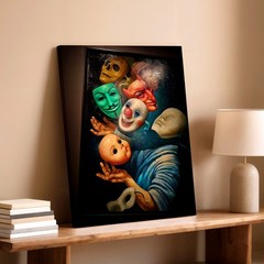 Canvas Surreal Mask Painting Clown Devil Skull Figure Framed Living Room Print