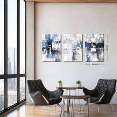 Abstract Blue White Framed Canvas Wall Art Set of 3 Navy Gray Modern 12×16″