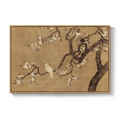 Framed Vintage Floral Bird Zen Wall Art, Neutral Asian Plum Blossom Branch Fl…