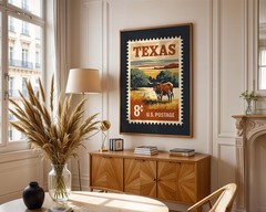 Texas Longhorn Vintage Stamp Canvas Print, Retro Western Ranch Wall Art Decor