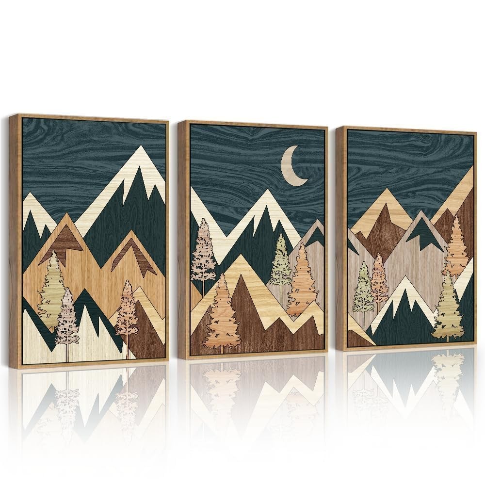 Morden Mountains Framed Wall Art Boho Woodcut Pine Tree Forest Nature Landsca…