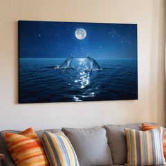 Serene Night Scene Featuring Two Dolphins Gracefully Emerging From The Wall Art